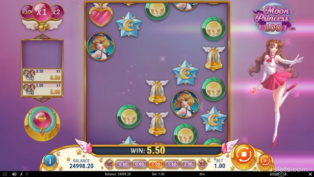 A screenshot of the Moon Princess 100 slot game showing a 5x4 grid of symbols with a win of 5.50 displayed at the bottom.