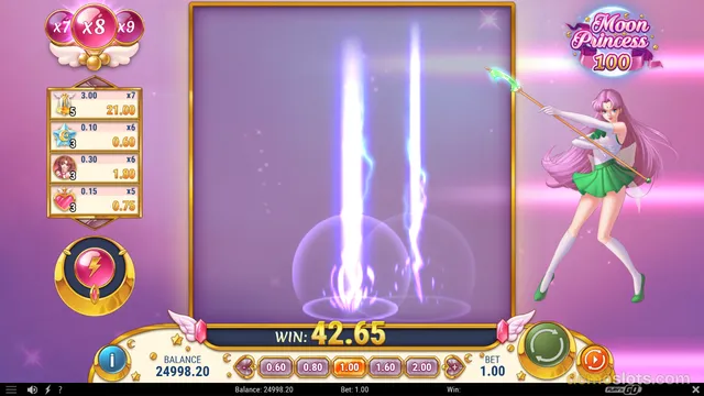 A slot game interface titled Moon Princess 100 shows a central area with two vertical purple lightning beams and an anime-style woman in a green skirt holding a staff on the right.