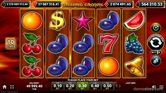 A settled 5x3 grid of fruit-themed slot symbols displayed under a header reading 'SHINING CROWN', with balance and bet controls visible at the bottom.
