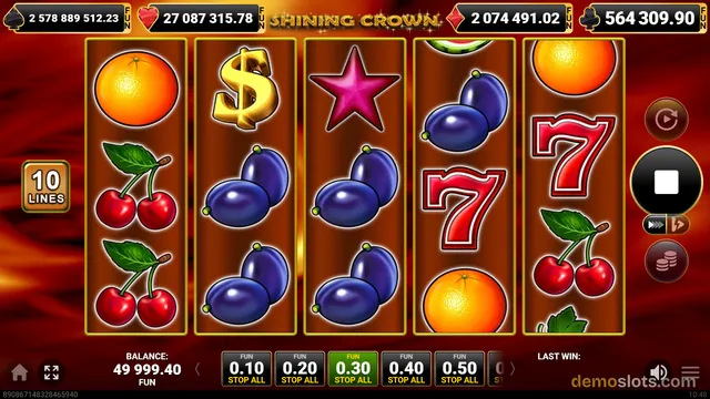 A 5-reel, 3-row slot machine is displayed with the title 'Shining Crown' at the top, showing a mix of fruit, star, and dollar symbols on the reels.