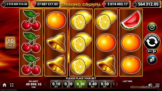 A 5-reel, 3-row online slot game titled 'Shining Crown' is displayed in a settled state, with the text 'PLEASE PLACE YOUR BET' visible at the bottom.
