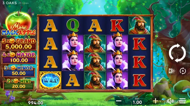 A slot game grid with five reels showing various symbols, with a side panel of jackpot values and a balance of 994.00.