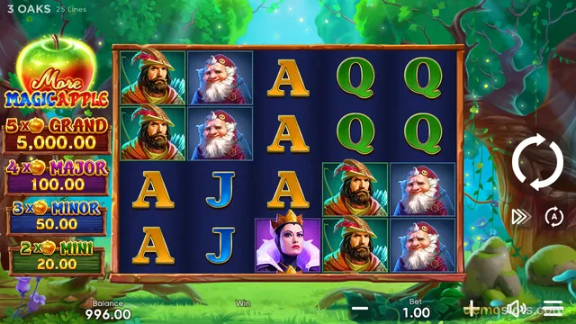 A slot game titled More MagicApple shows a 5x3 grid of symbols including dwarfs, a queen, and letter symbols, with jackpot labels on the left.