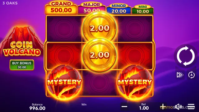 A 3x3 slot game grid displays two gold coins and two mystery volcano symbols against a purple volcanic background.