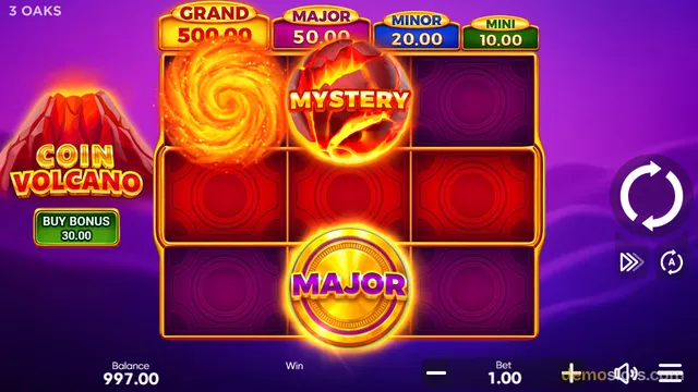 A 3x3 grid slot game interface displays a 'Coin Volcano' bonus feature with a 'Mystery' orb and a 'Major' coin symbol on a purple background.