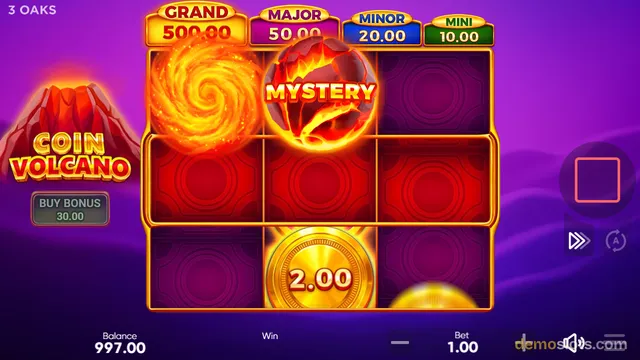 A 3x3 grid slot game with a purple volcanic background showing a mystery symbol, a swirling fire symbol, and a gold coin symbol.