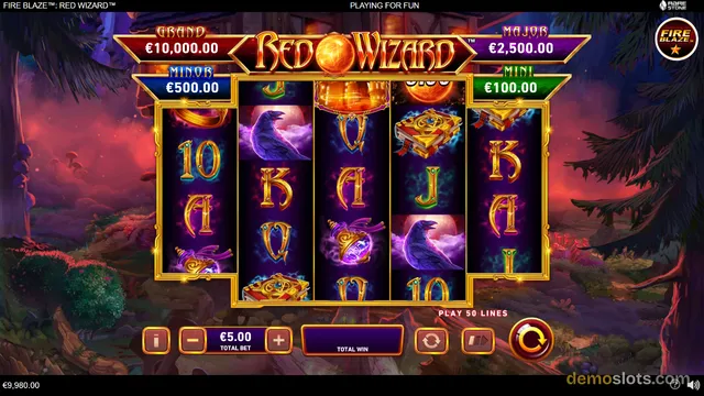 A screenshot of the Red Wizard slot game by Fire Blaze showing a 5x3 reel grid with a total bet of €5.00 and a player balance of €9,980.00.