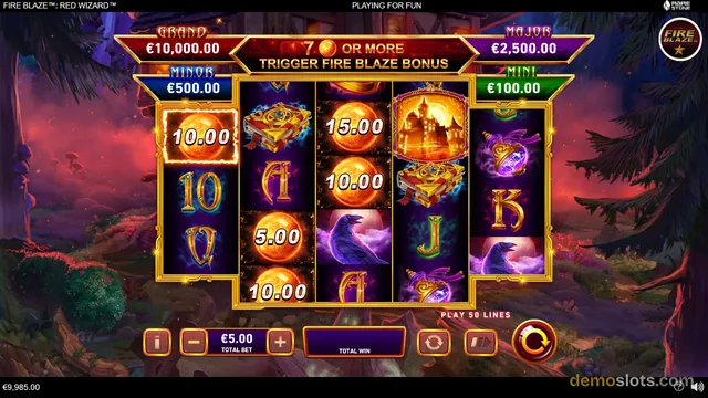 A 5-reel slot game grid is displayed with a fantasy forest background, featuring symbols like a golden orb, a book, a cauldron, and a raven, along with a paytable showing bonus triggers.