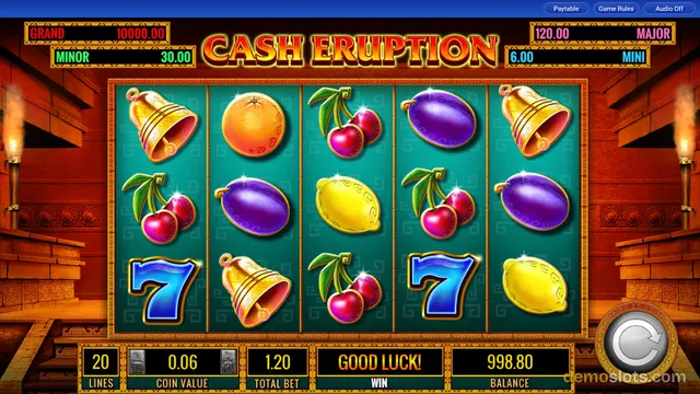 A brightly rendered 5x3 slot grid for the game 'Cash Eruption' displaying various symbols and a 'Good Luck!' win message.
