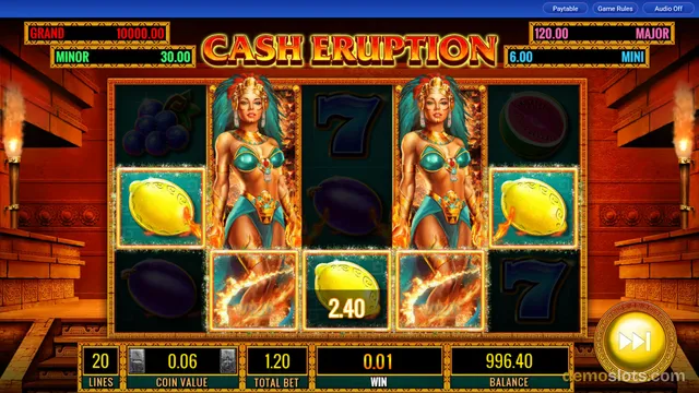 A fully rendered 5x3 slot grid titled 'CASH ERUPTION' displays a win of 2.40 with highlighted symbols, including a 7, a lemon, and a female character.