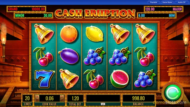 A 5x3 slot game grid for 'Cash Eruption' displays a settled spin with a win amount of 1.20, set against a background of ancient temple walls and torches.