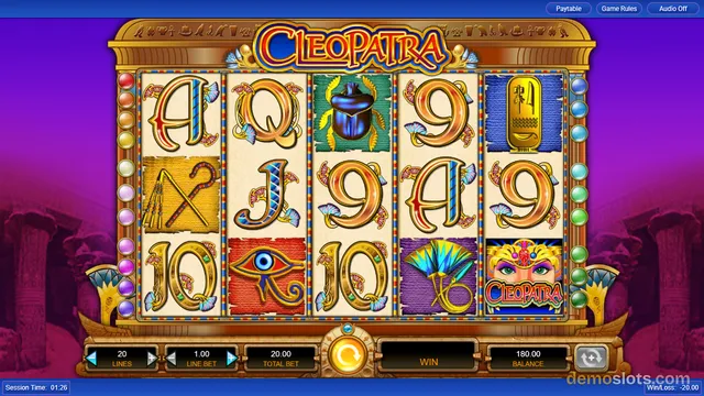 A 5x3 slot game titled Cleopatra displays a full grid of Egyptian-themed symbols with a purple background and a bottom control bar showing bet and balance values.
