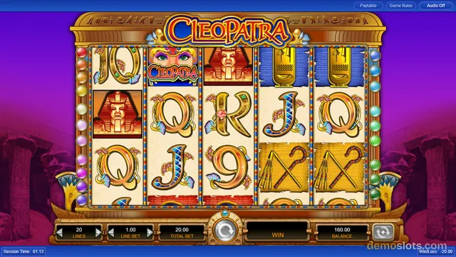A 5x3 slot game titled Cleopatra shows reels with Egyptian-themed symbols and a bottom control bar displaying bet and balance information.