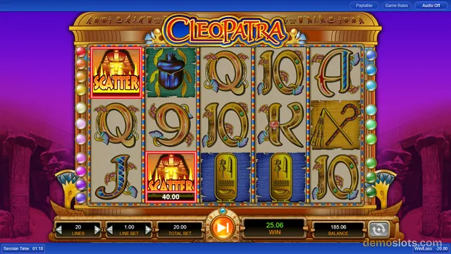 A 5-reel, 3-row slot game titled Cleopatra is shown with a purple background and gold Egyptian-themed symbols on the reels.