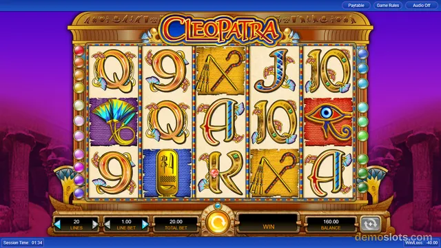 Cleopatra slot game showing a 5x3 reel grid with Egyptian-themed symbols and a purple background, with a bottom control bar displaying bet and balance information.