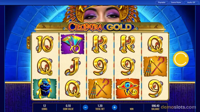 A screenshot of the Cleopatra Gold slot machine showing a 5-reel, 3-row grid with a large close-up of Cleopatra's eyes in the background.