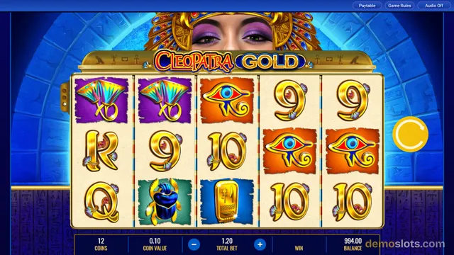 A 5x3 slot game grid titled Cleopatra Gold displaying Egyptian-themed symbols against a blue stone arch background with a large face illustration at the top.