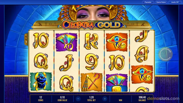 A 5-reel, 3-row slot game screen titled Cleopatra Gold shows settled symbols on a papyrus-textured grid against a blue Egyptian-themed background.