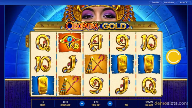 A fully rendered 5x3 slot grid displaying Egyptian-themed symbols against a background of a blue tomb and Cleopatra's face.