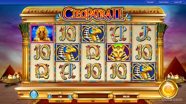 A screenshot of the Cleopatra II slot machine showing a 5-reel, 3-row grid with Egyptian-themed symbols, a bet of 1.00, and a balance of 998.00.