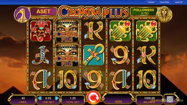 A 5-reel slot game titled Cleopatra Plus shows a fully rendered base game grid with Egyptian-themed symbols, a red spin button, and a bottom control bar displaying bet and balance information.
