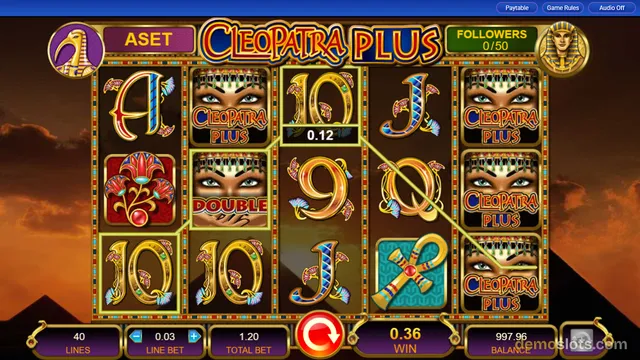A fully rendered slot game grid shows Cleopatra Plus symbols on a 5-reel layout with a win line crossing the middle row and a red spin button below.
