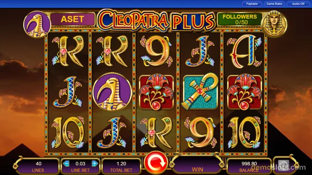 A 5x3 slot game grid titled Cleopatra Plus displays Egyptian-themed symbols on a dark background with a red spin button at the bottom.