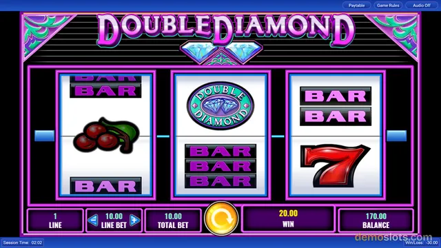 A slot machine game screen titled Doubled Diamond showing a 3x3 grid of reels with a win of 20.00 displayed.
