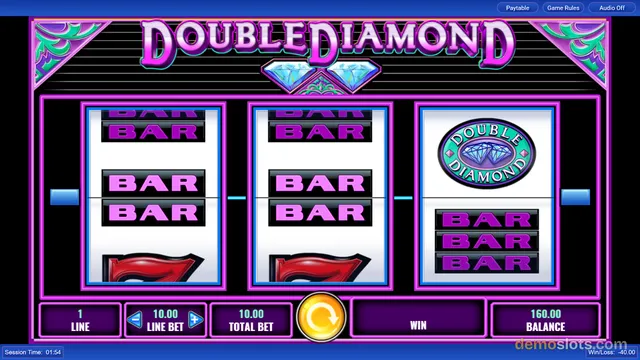 A 3-reel slot game titled Doubled Diamond displaying a settled spin result with BAR symbols and a red 7.