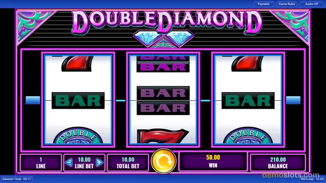 A 3-reel slot game titled Double Diamond displaying a win state with bar symbols and a 50.00 win amount.