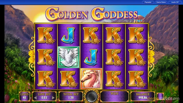 A 5x3 slot grid titled 'Golden Goddess' is displayed against a tropical background with mountains and palm trees.