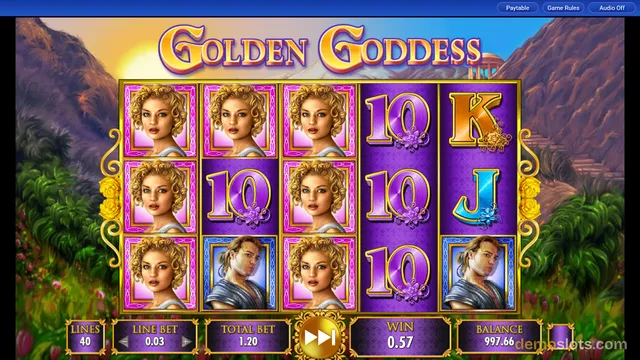 A fully rendered screenshot of the Golden Goddess slot game showing a 5x3 grid of symbols with a win of 0.57 displayed in the bottom panel.