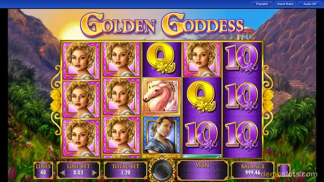 A slot machine game titled 'Golden Goddess' displays a settled 5-reel, 3-row grid against a Greek mountain landscape background.