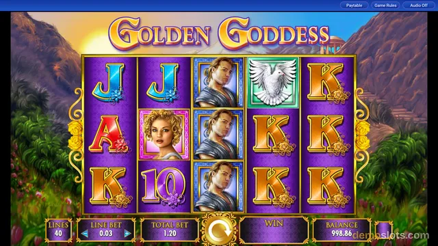 A screenshot of the Golden Goddess slot game showing a 5x3 grid of symbols on a purple background with a Mediterranean landscape backdrop.