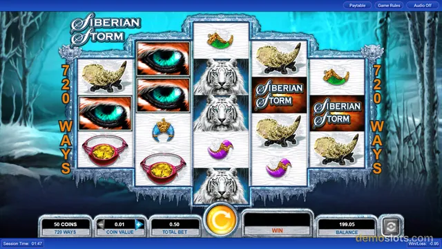 A screenshot of the Siberian Storm slot machine game showing a 5-reel grid with symbols against a winter background.