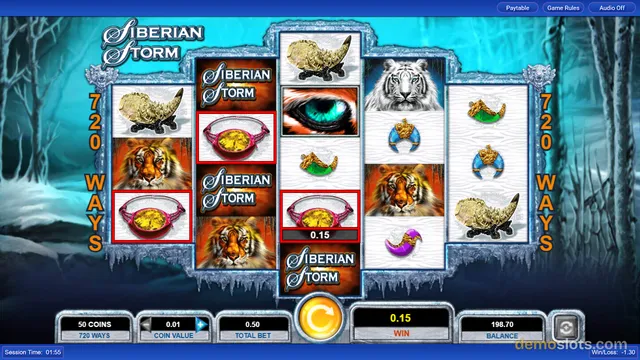 A slot game screen showing a 5x3 grid of symbols including tigers, a bear, and gold artifacts against a snowy forest background.