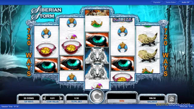 A screenshot of the slot game Siberian Storm showing a 5-reel grid filled with animal and jewelry symbols against a snowy forest background.