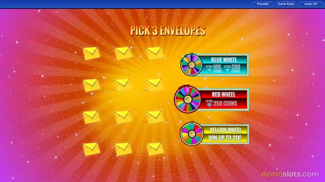 A bonus feature screen titled 'PICK 3 ENVELOPES' displays a grid of twelve yellow envelopes on the left and three wheel options on the right against a bright, star-filled radial background.