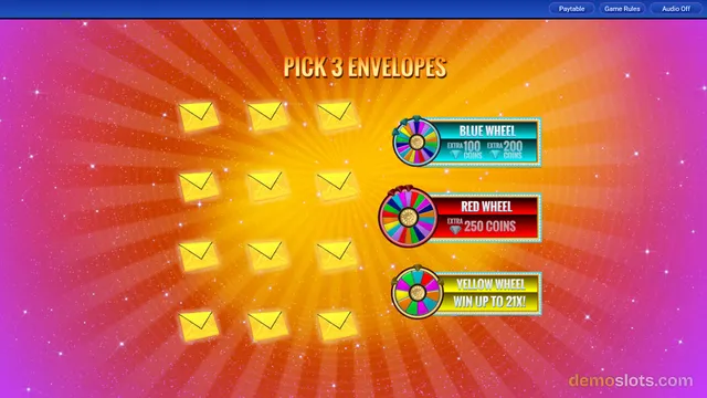 A slot game bonus screen displays a 3x4 grid of yellow envelopes on the left and three selectable prize wheels on the right against a pink and orange sunburst background.