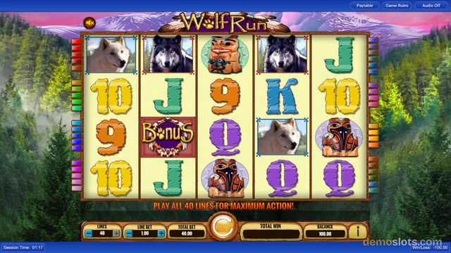 A fully rendered 5x3 slot game grid titled Wolf Run showing various symbols against a forest background.