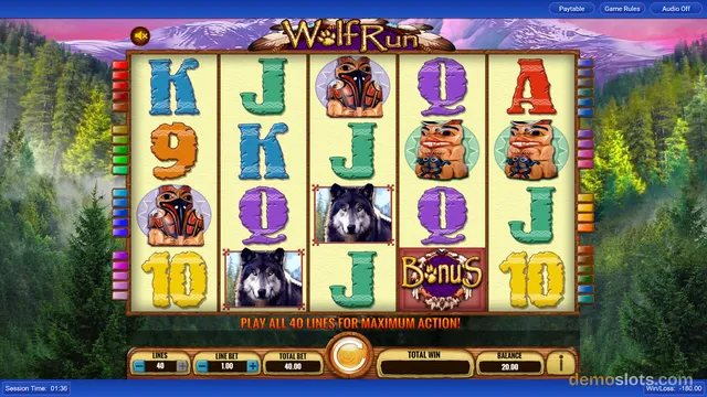 A slot game screen for 'Wolf Run' showing a 5x4 grid with various symbols against a forest background.