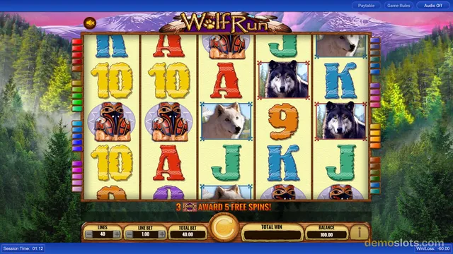 A slot machine screen titled Wolf Run shows a 5x4 grid of symbols with a message reading 3 bonus award 5 free spins.