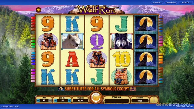 A slot game screen titled 'Wolf Run' displays a 5x4 grid of symbols with a forest background.