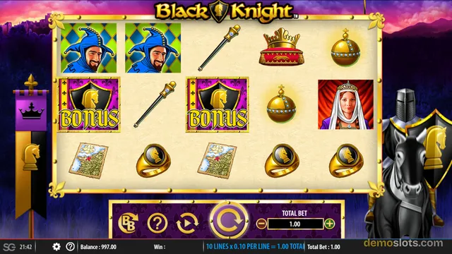 A 5x3 slot game titled Black Knight shows a settled reel grid with medieval-themed symbols.