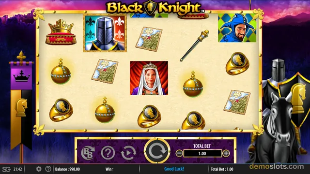 A slot game titled Black Knight displays a 5x4 grid of medieval-themed symbols on a cream-colored board with a dark knight on horseback to the right.