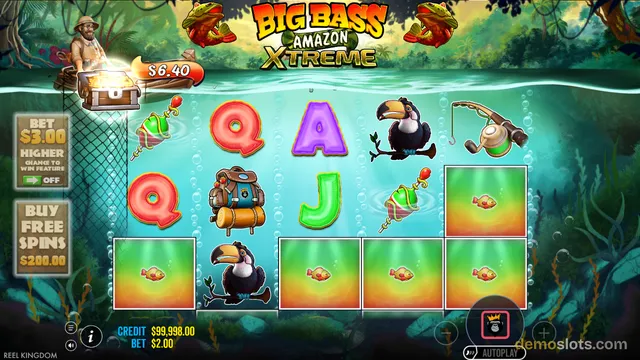 A slot game screen titled 'Big Bass Amazon Xtreme' showing a 5x3 grid with jungle-themed symbols including toucans, fish, and a backpack against an underwater river background.