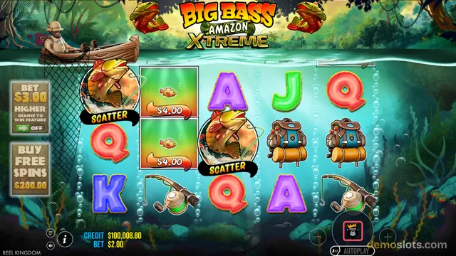 A 5x3 grid slot game titled Big Bass Amazon Xtreme displays a settled round with a jungle and underwater background.