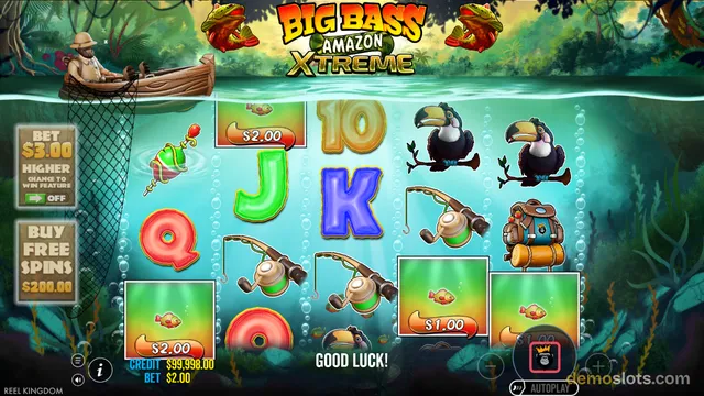 A 5x3 slot grid displaying various symbols in a jungle-themed underwater setting with a fisherman in a boat visible at the top left.