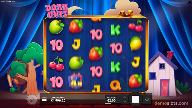A 5x4 grid slot game titled Dork Unit shows a mix of playing card symbols and fruit icons on a dark blue stage background.