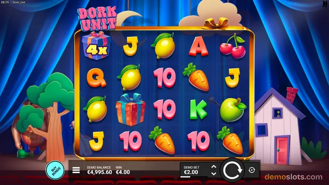 A slot machine grid displaying a mix of fruit, card, and gift symbols against a blue night-time background.